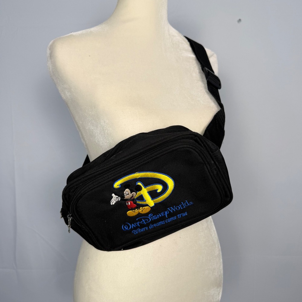 Vtg Disney World Fanny Pack Waist Bag Black Mickey Mouse Embroidered Canvas